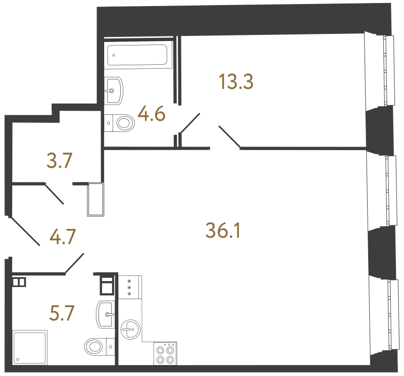 2-комнатная (Евро) квартира, 68.1 м² в ЖК "Светоч" - планировка, фото №1
