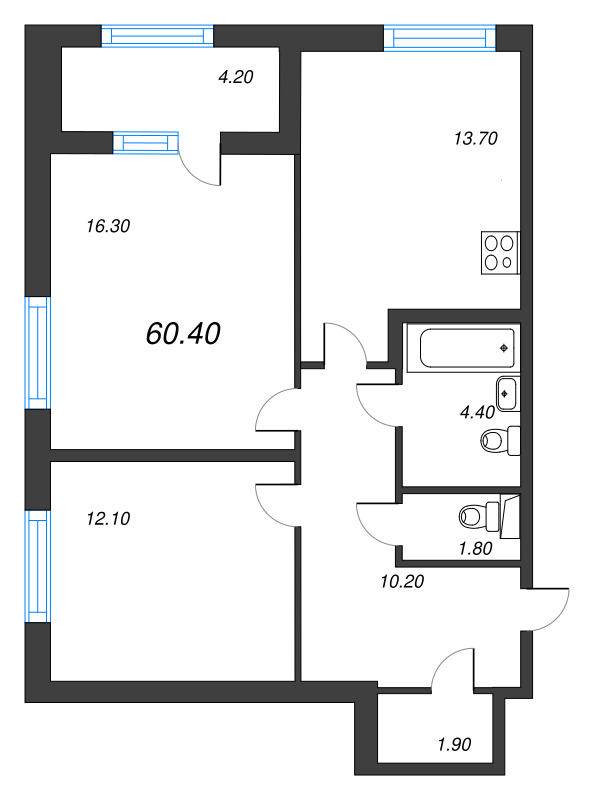 2-комнатная квартира, 60.4 м² в ЖК "Дубровский" - планировка, фото №1