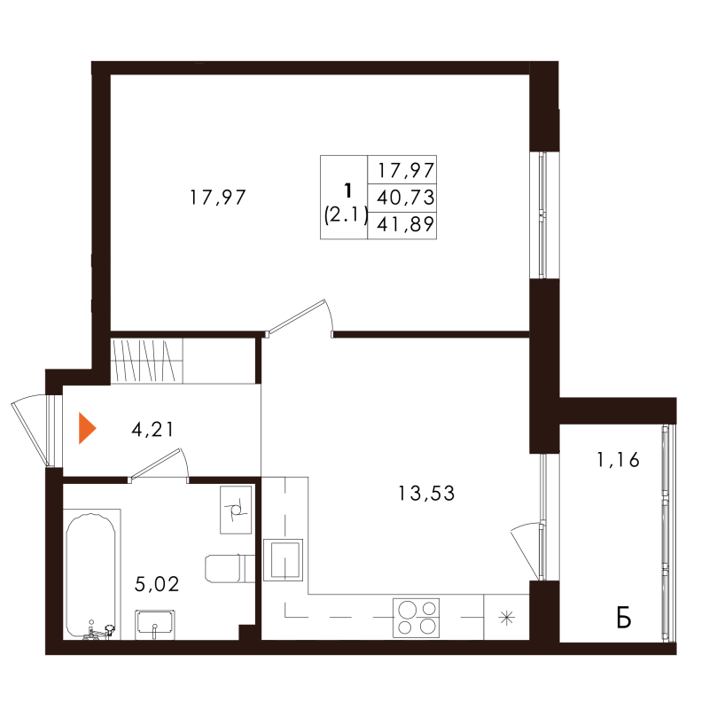 1-комнатная квартира, 41.89 м² - планировка, фото №1