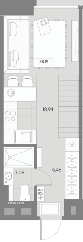 2-комнатная (Евро) квартира, 38.19 м² - планировка, фото №1