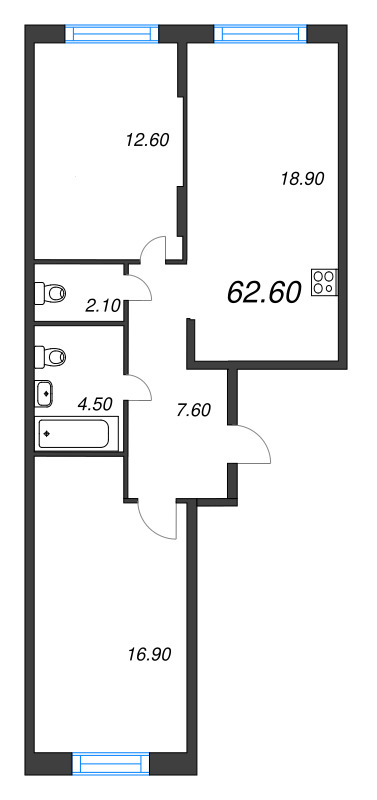 3-комнатная (Евро) квартира, 62.6 м² в ЖК "Ягодное Река Парк" - планировка, фото №1