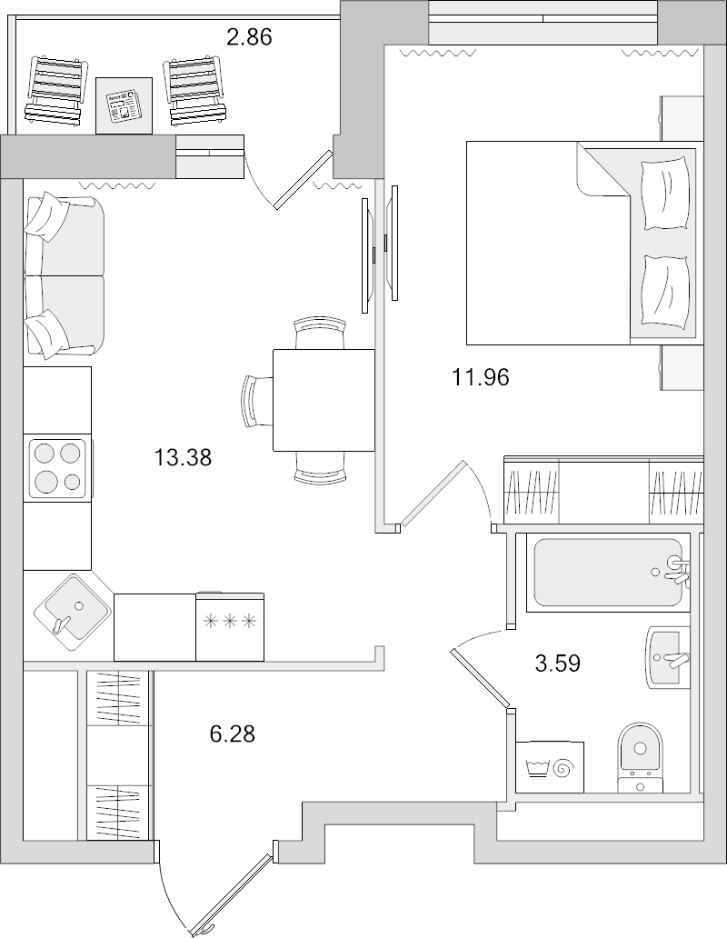 1-комнатная квартира, 38.07 м² - планировка, фото №1