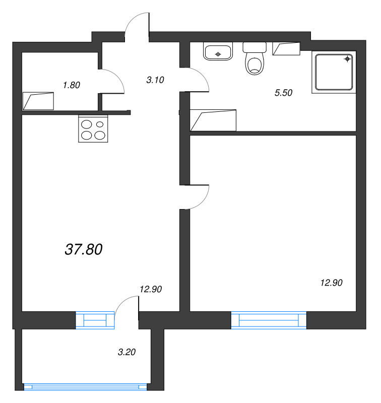 1-комнатная квартира, 37.2 м² в ЖК "LOVO" - планировка, фото №1