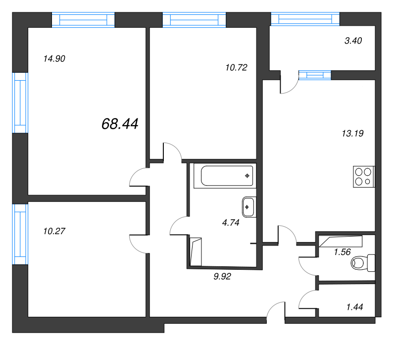 3-комнатная квартира, 68.44 м² - планировка, фото №1