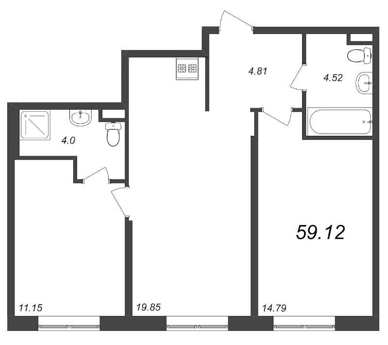 3-комнатная (Евро) квартира, 59.12 м² - планировка, фото №1