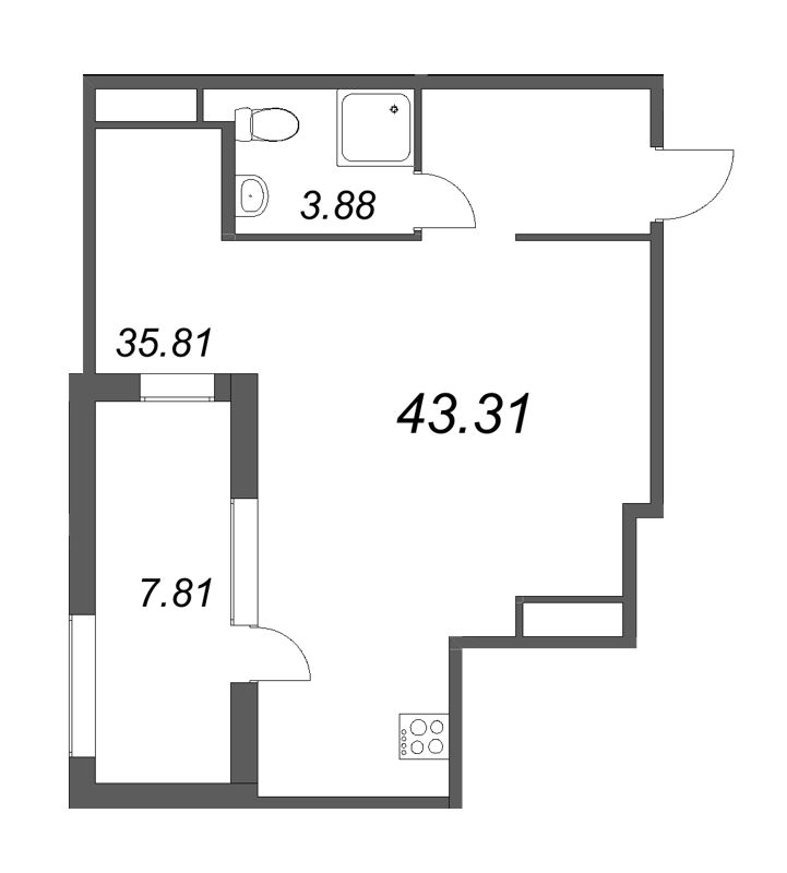 Квартира-студия, 43.31 м² - планировка, фото №1