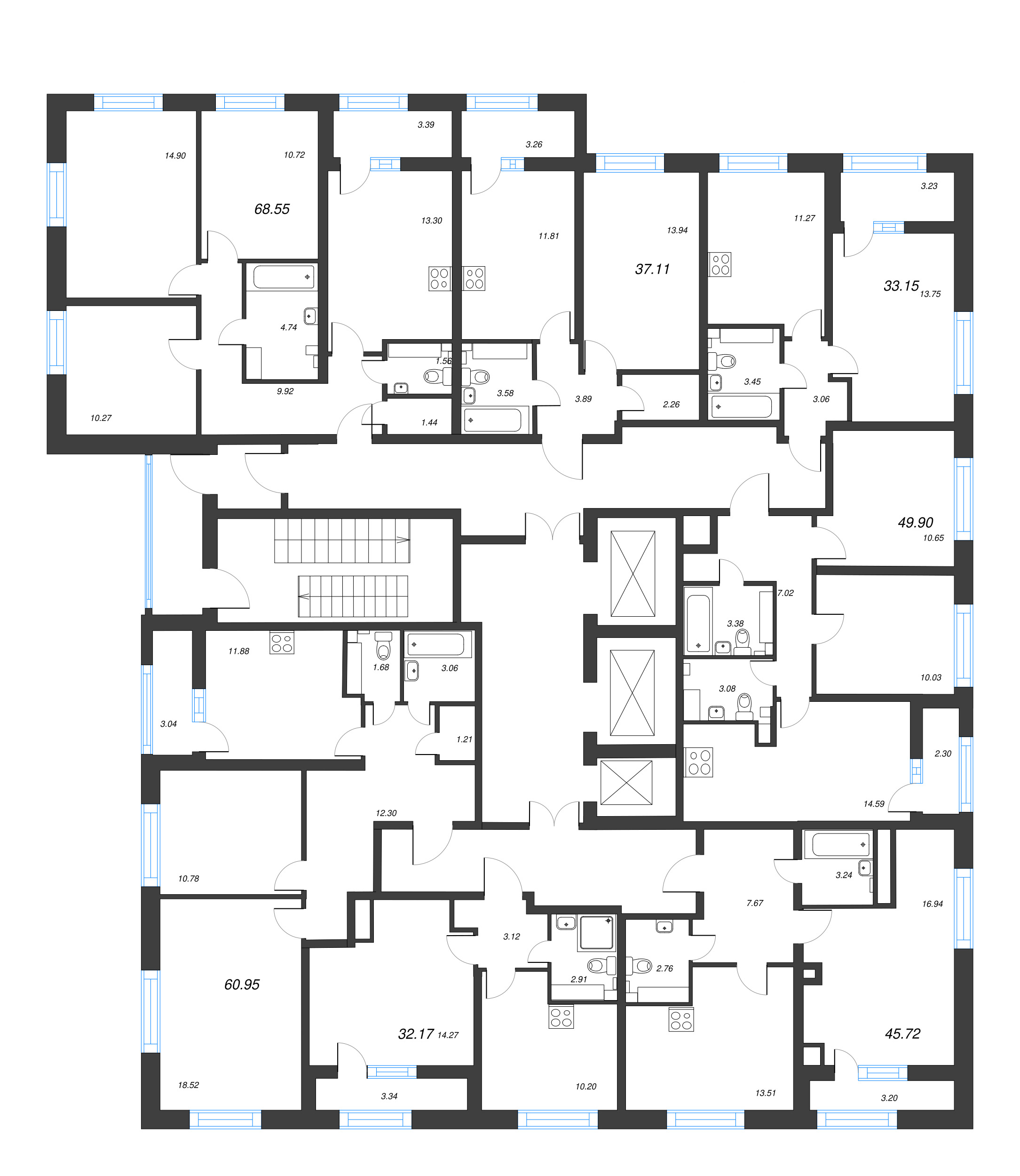 3-комнатная квартира, 68.55 м² - планировка этажа