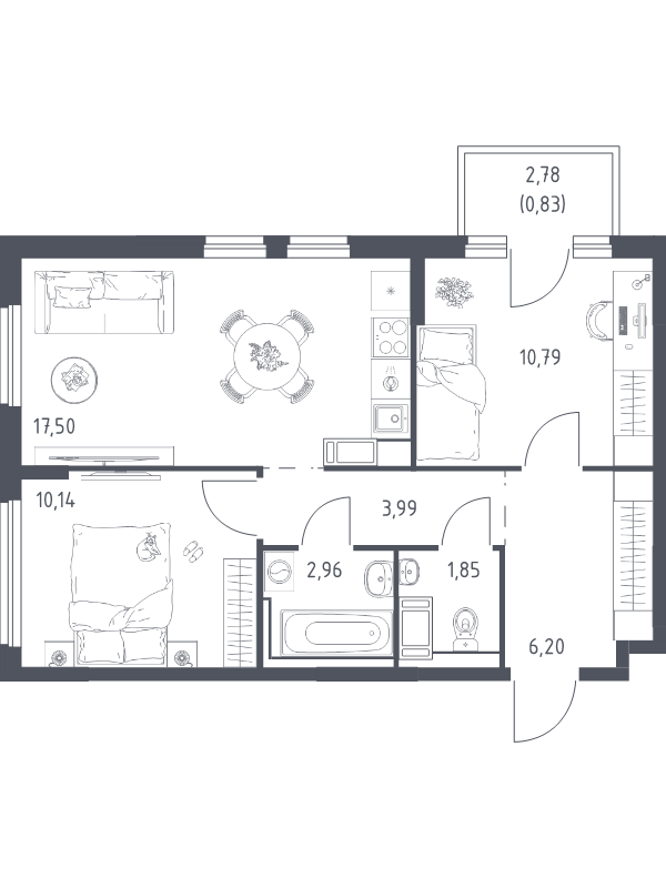 3-комнатная (Евро) квартира, 53.87 м² в ЖК "Новое Колпино" - планировка, фото №1