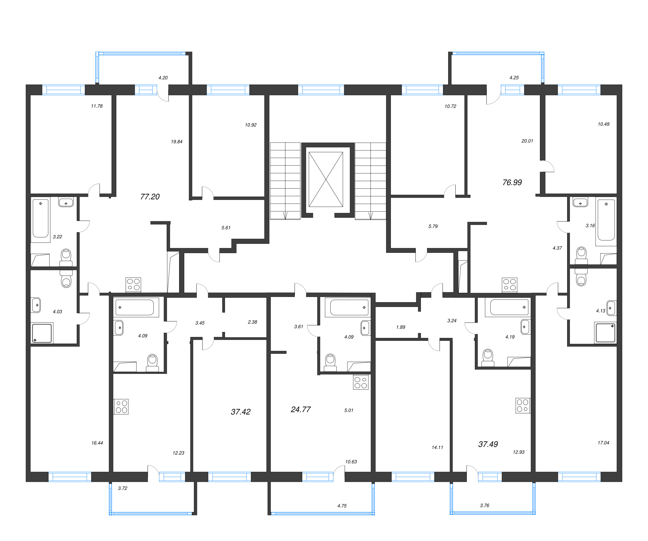 4-комнатная (Евро) квартира, 76.99 м² в ЖК "Окла" - планировка этажа