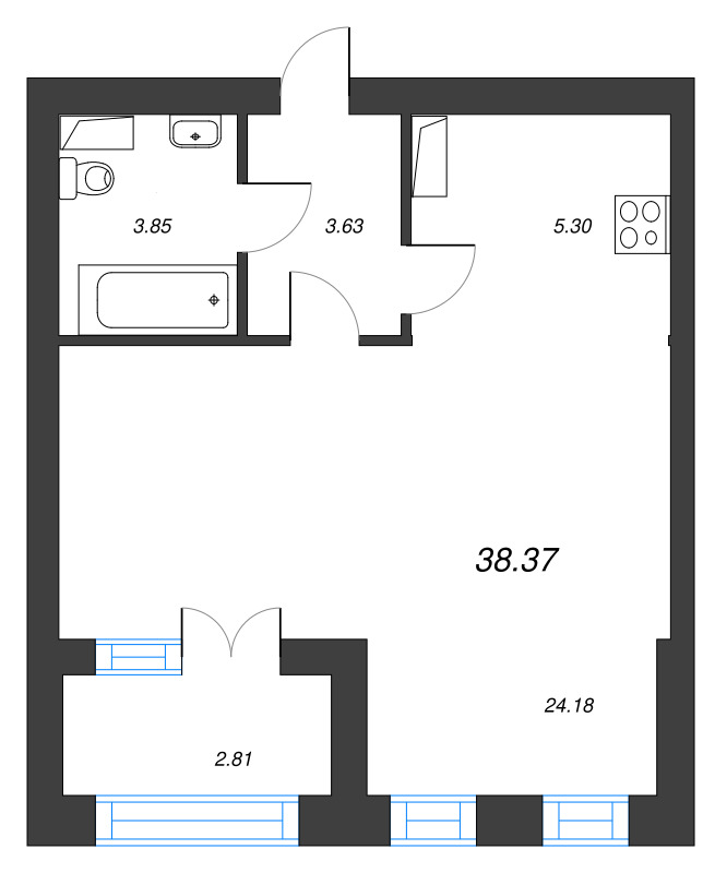 1-комнатная квартира, 38.37 м² в ЖК "Наука" - планировка, фото №1