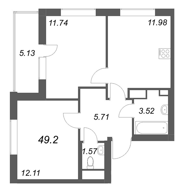 2-комнатная квартира, 49.2 м² в ЖК "Аквилон Солар" - планировка, фото №1