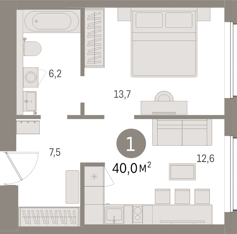 1-комнатная квартира, 40 м² в ЖК "Северный ветер" - планировка, фото №1