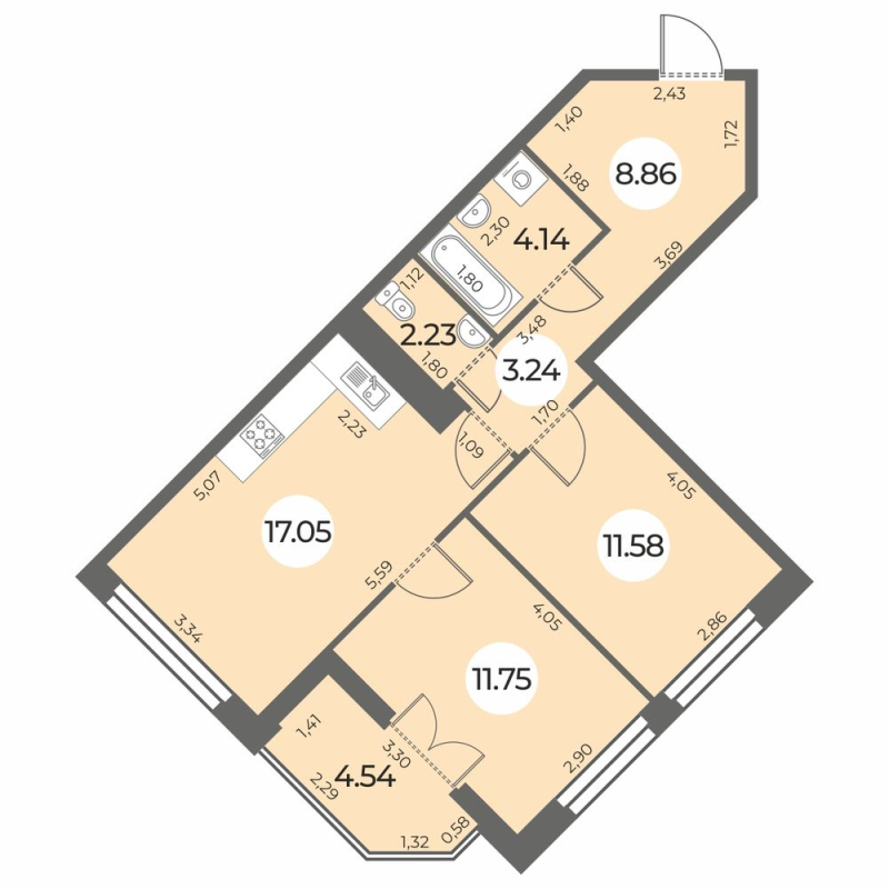 3-комнатная (Евро) квартира, 61.12 м² в ЖК "Огни Залива" - планировка, фото №1