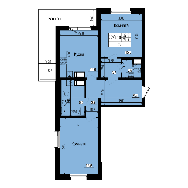 2-комнатная квартира, 77 м² - планировка, фото №1