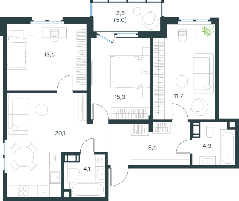 4-комнатная (Евро) квартира, 79.8 м² в ЖК "Левел Мечникова" - планировка, фото №1