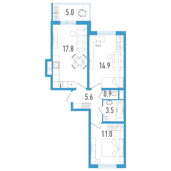 3-комнатная (Евро) квартира, 55.2 м² в ЖК "Аэросити" - планировка, фото №1
