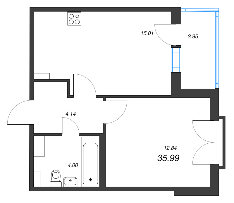 2-комнатная (Евро) квартира, 35.99 м² - планировка, фото №1