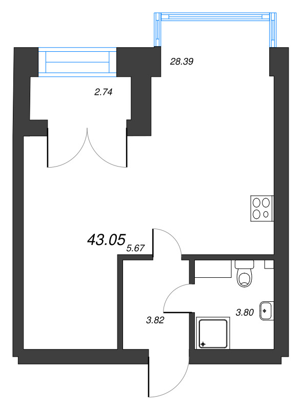 1-комнатная квартира, 43.05 м² - планировка, фото №1