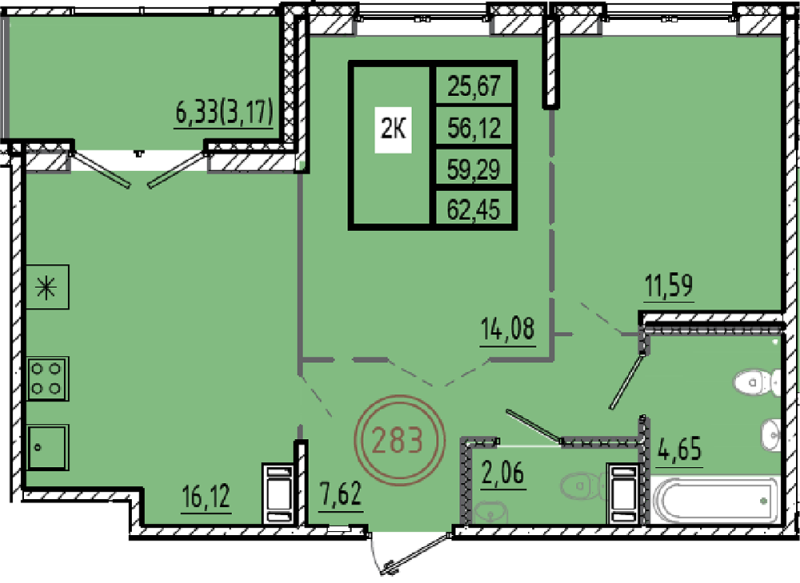 3-комнатная (Евро) квартира, 56.12 м² в ЖК "Образцовый квартал 9.1" - планировка, фото №1