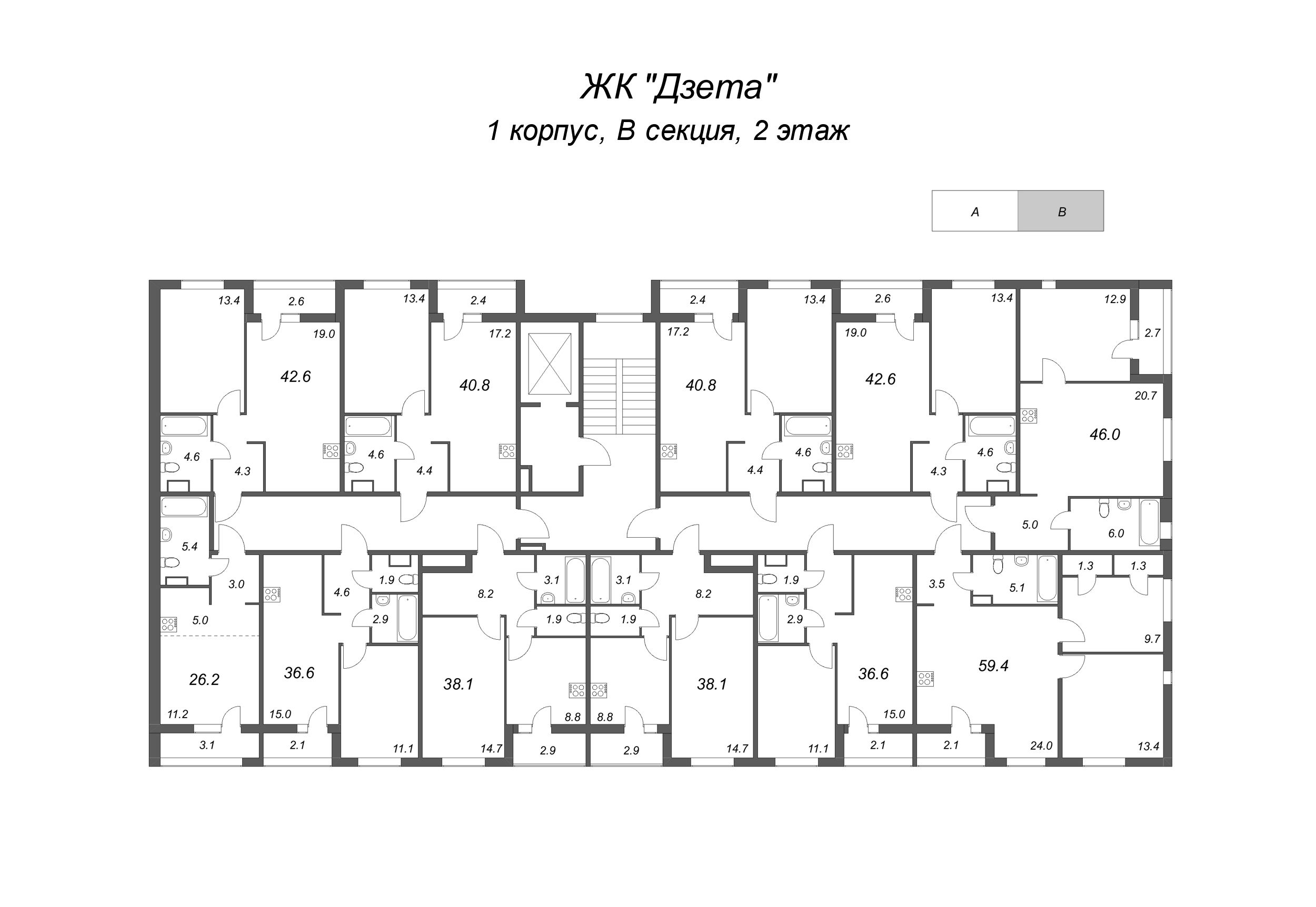 1-комнатная квартира, 38.1 м² в ЖК "Дзета" - планировка этажа