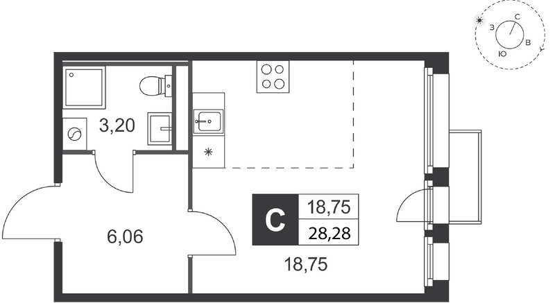 Квартира-студия, 28.28 м² в ЖК "Слобода" - планировка, фото №1