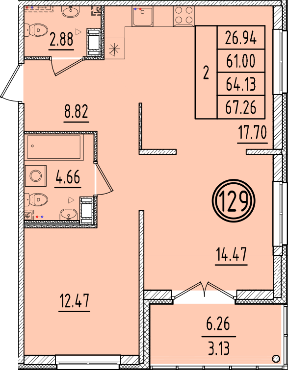 3-комнатная (Евро) квартира, 61 м² в ЖК "Образцовый квартал 6.4" - планировка, фото №1