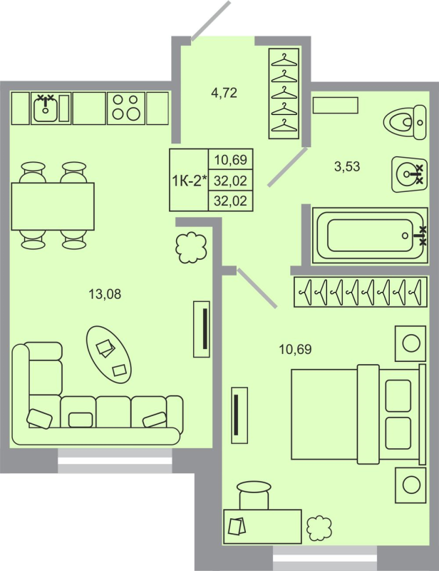 1-комнатная квартира, 32.02 м² - планировка, фото №1