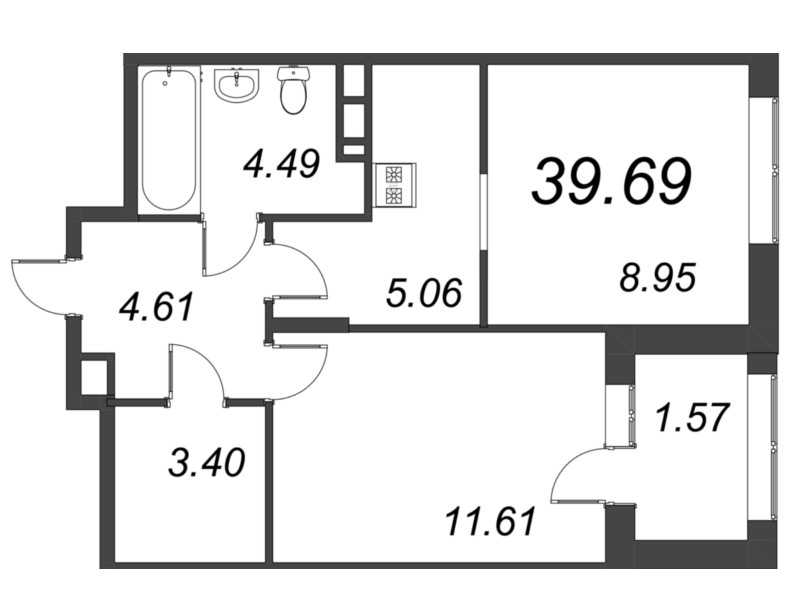 2-комнатная (Евро) квартира, 39.69 м² в ЖК "ВЕРЕН НОРТ сертолово" - планировка, фото №1