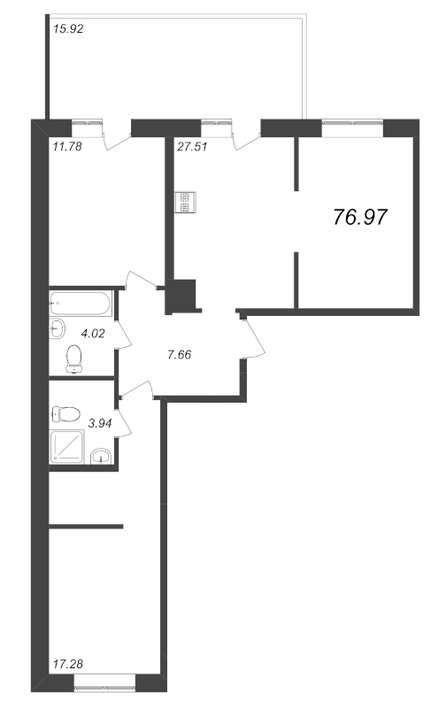 3-комнатная (Евро) квартира, 76.97 м² - планировка, фото №1