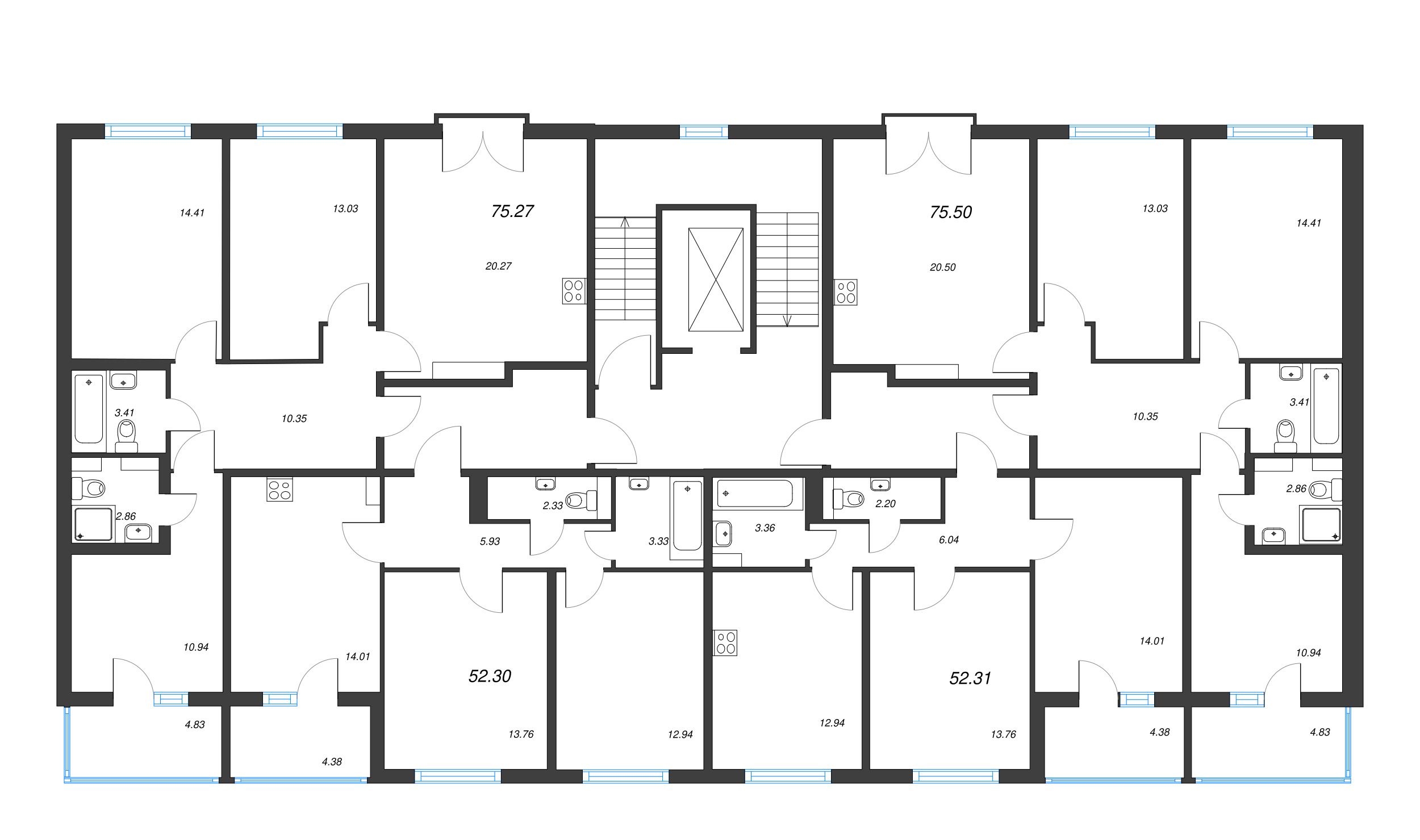 2-комнатная квартира, 52.31 м² - планировка этажа