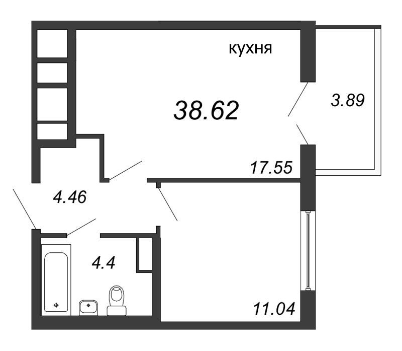 2-комнатная (Евро) квартира, 38.6 м² в ЖК "AEROCITY" - планировка, фото №1
