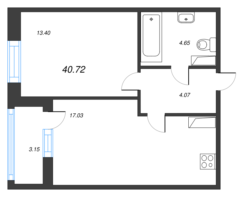 2-комнатная (Евро) квартира, 40.78 м² - планировка, фото №1