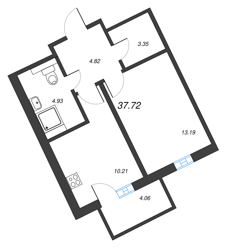 1-комнатная квартира, 37.72 м² - планировка, фото №1