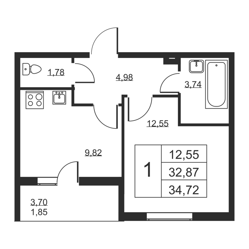 1-комнатная квартира, 34.72 м² в ЖК "Высота" - планировка, фото №1