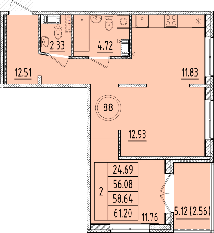 2-комнатная квартира, 56.08 м² - планировка, фото №1