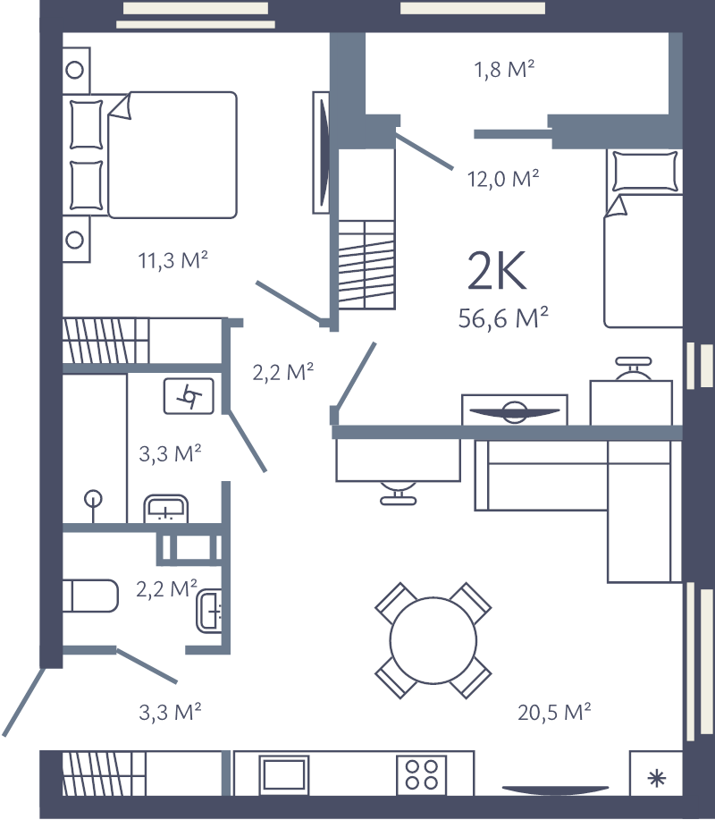 3-комнатная (Евро) квартира, 56.6 м² в ЖК "Лендлер" - планировка, фото №1