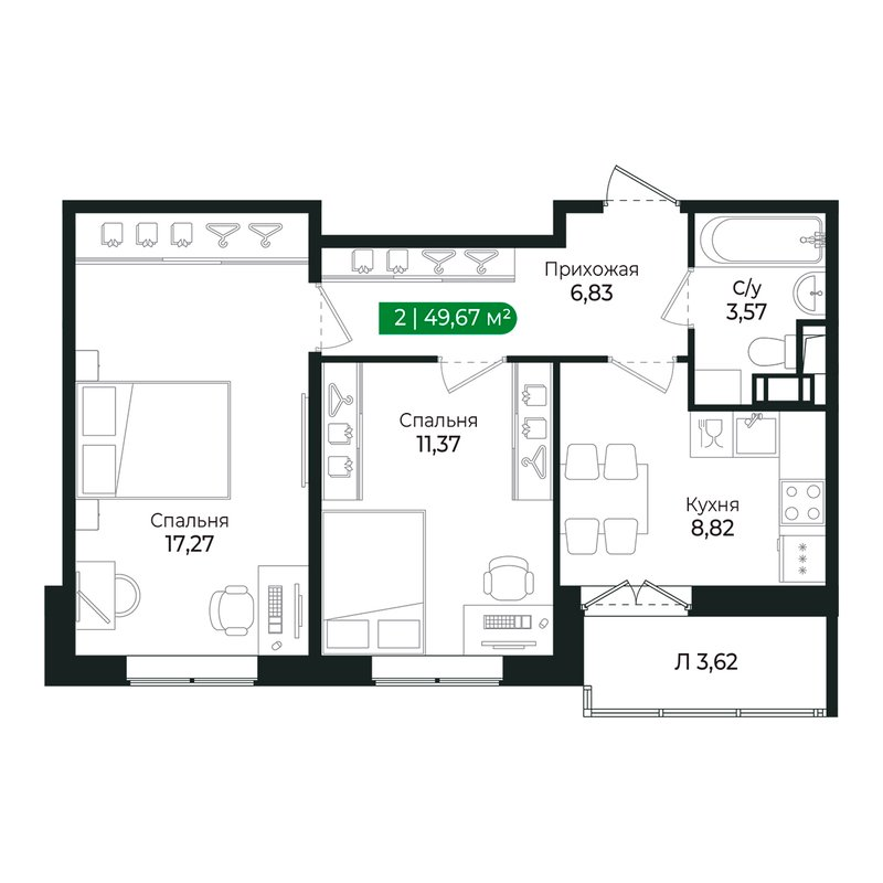 2-комнатная квартира, 47.5 м² в ЖК "Сертолово Парк" - планировка, фото №1