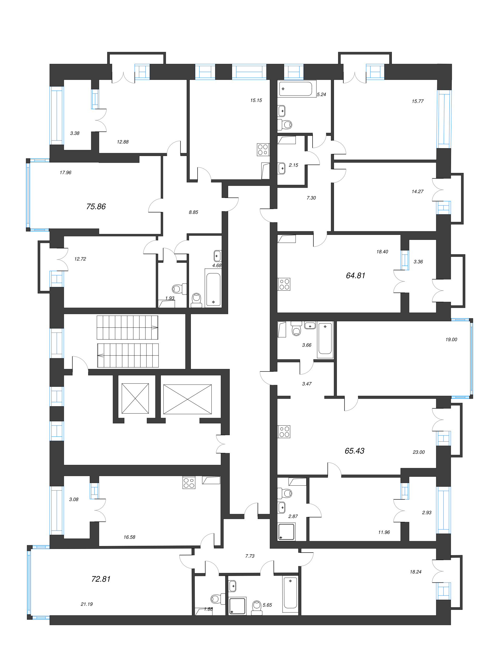 3-комнатная (Евро) квартира, 76.4 м² в ЖК "Наука" - планировка этажа