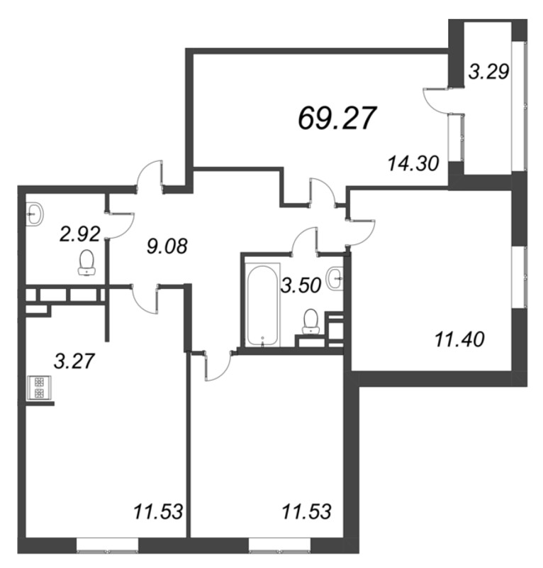 3-комнатная квартира, 69.27 м² - планировка, фото №1