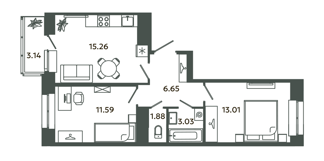 3-комнатная (Евро) квартира, 52.99 м² в ЖК "Загляденье" - планировка, фото №1