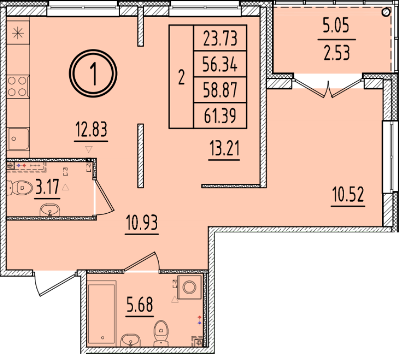 2-комнатная квартира, 56.34 м² в ЖК "Образцовый квартал 6.4" - планировка, фото №1
