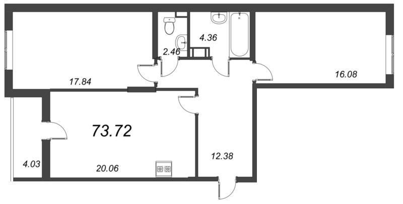 3-комнатная (Евро) квартира, 73.72 м² - планировка, фото №1