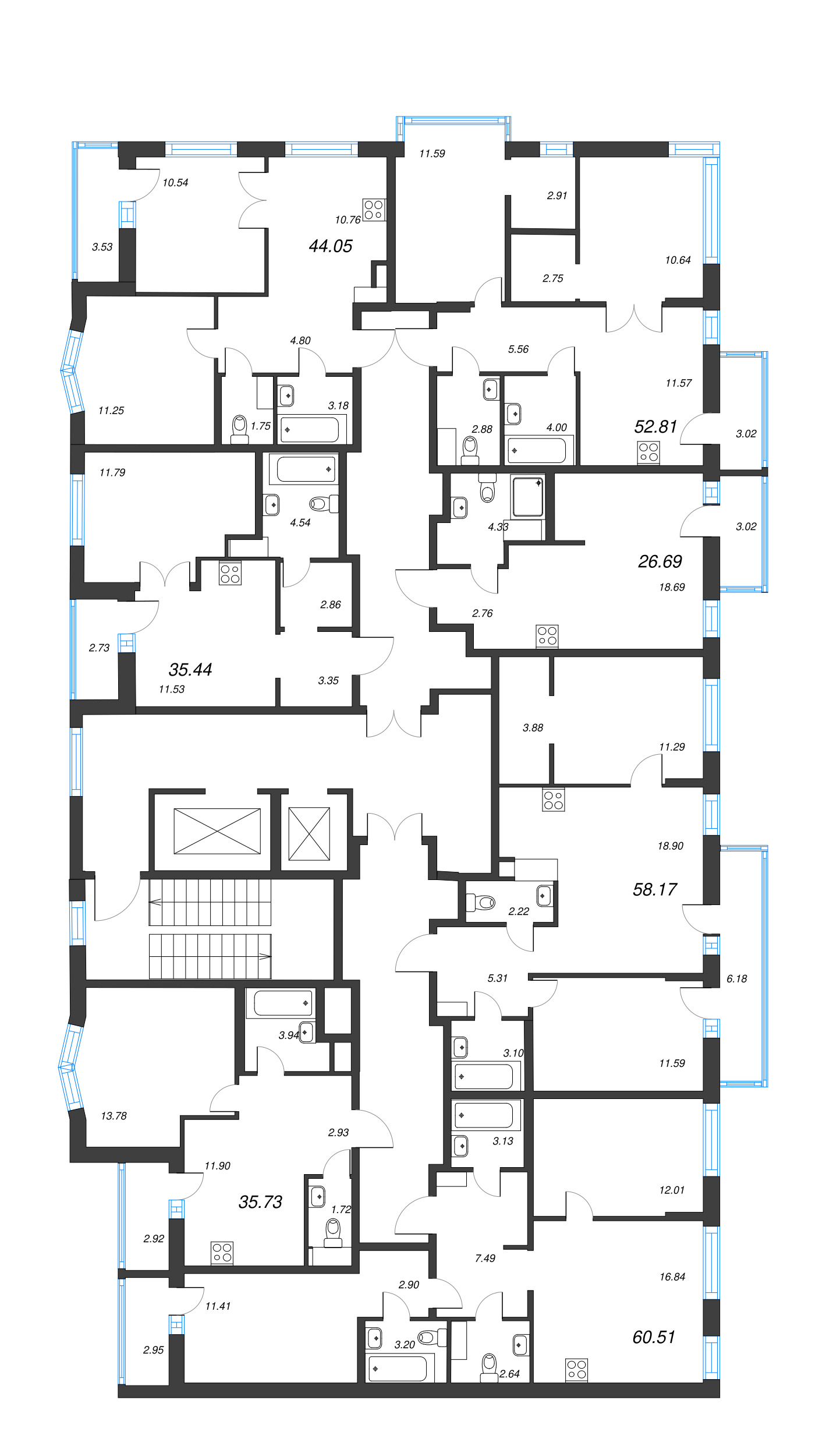 3-комнатная (Евро) квартира, 60.51 м² - планировка этажа