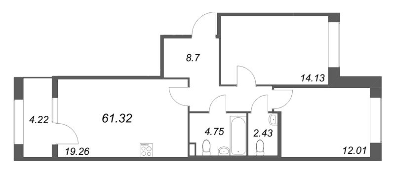 3-комнатная (Евро) квартира, 61.32 м² в ЖК "Дом на Курской" - планировка, фото №1