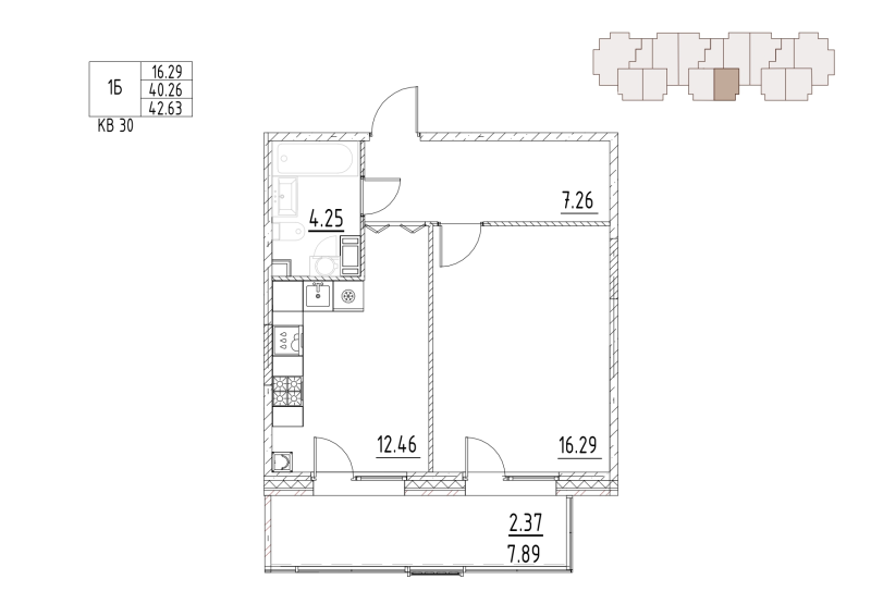 1-комнатная квартира, 44.5 м² в ЖК "Loft у озера" - планировка, фото №1