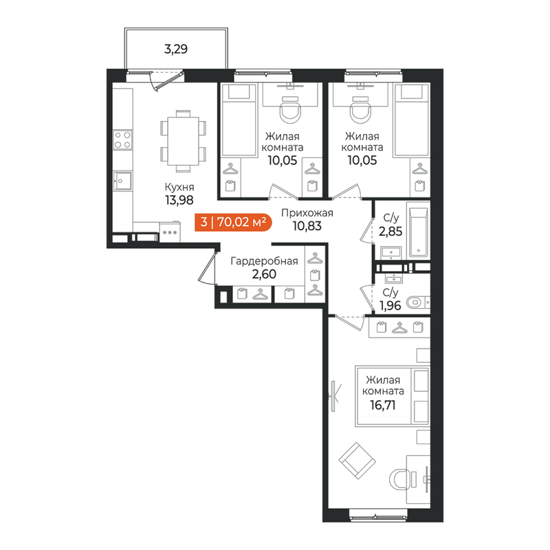 3-комнатная квартира, 70.02 м² в ЖК "Алгоритм Квинта" - планировка, фото №1