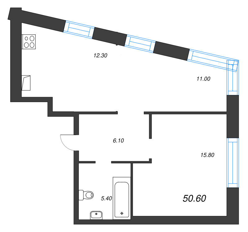 3-комнатная (Евро) квартира, 50.6 м² - планировка, фото №1