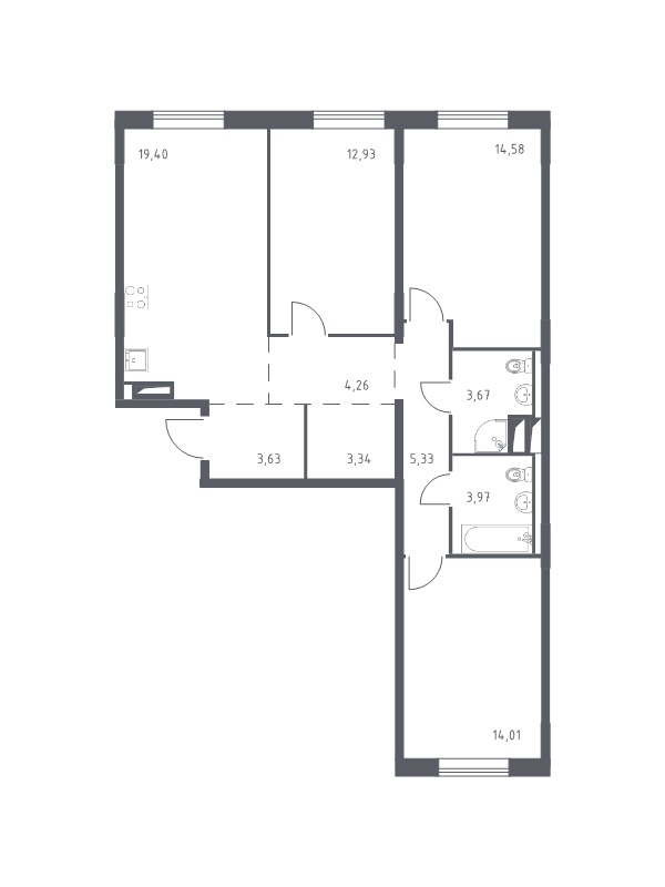 4-комнатная (Евро) квартира, 85.12 м² - планировка, фото №1