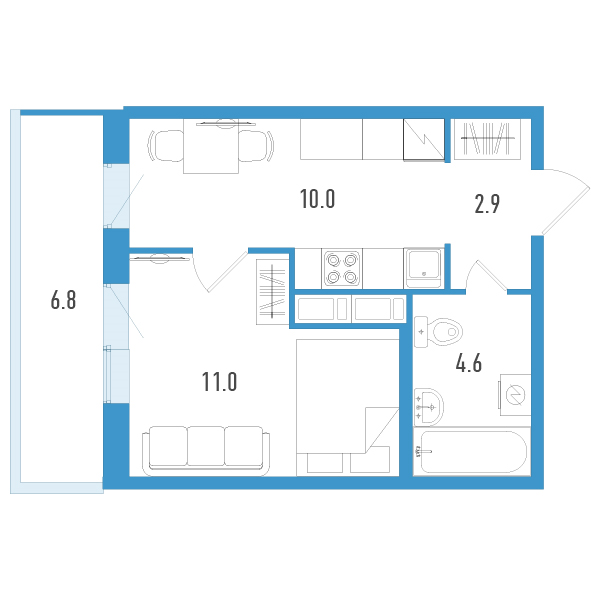 1-комнатная квартира, 30.5 м² в ЖК "Аэросити Клаб" - планировка, фото №1