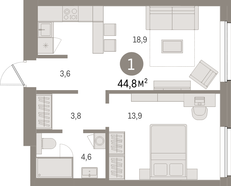 2-комнатная (Евро) квартира, 44.8 м² в ЖК "Северный ветер" - планировка, фото №1